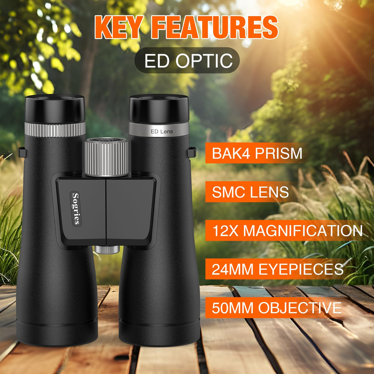 Sogries binoculars with BAK4 prisms reduce glare for sharp distant views.