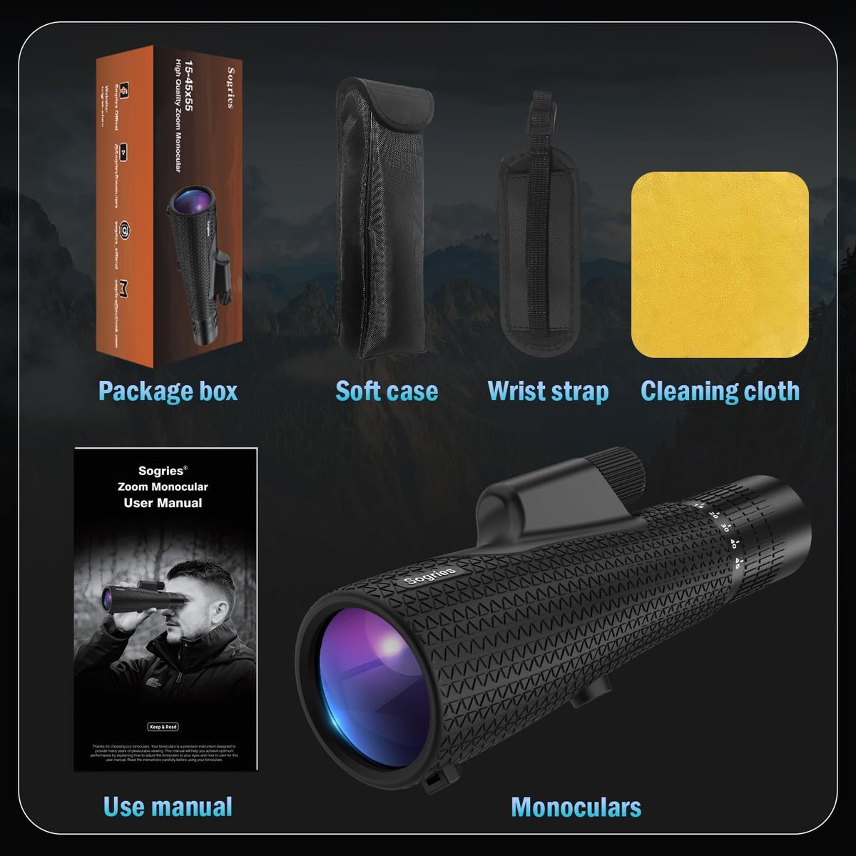 Sogries carrying bag with monocular and accessories for organized transport