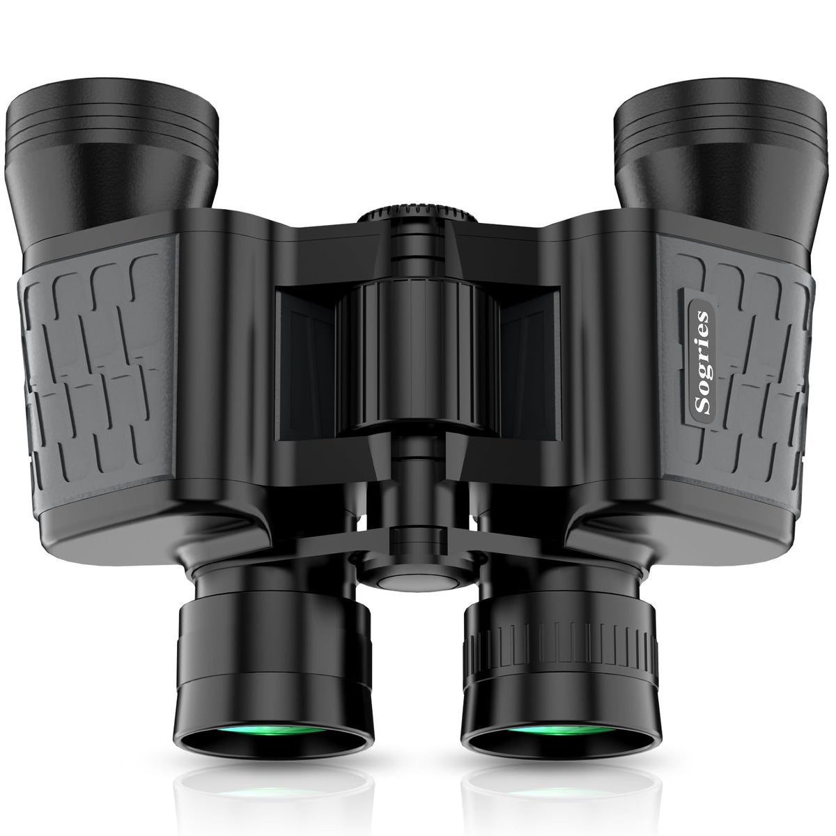Sogries front view of binoculars showing compact design and clear lenses