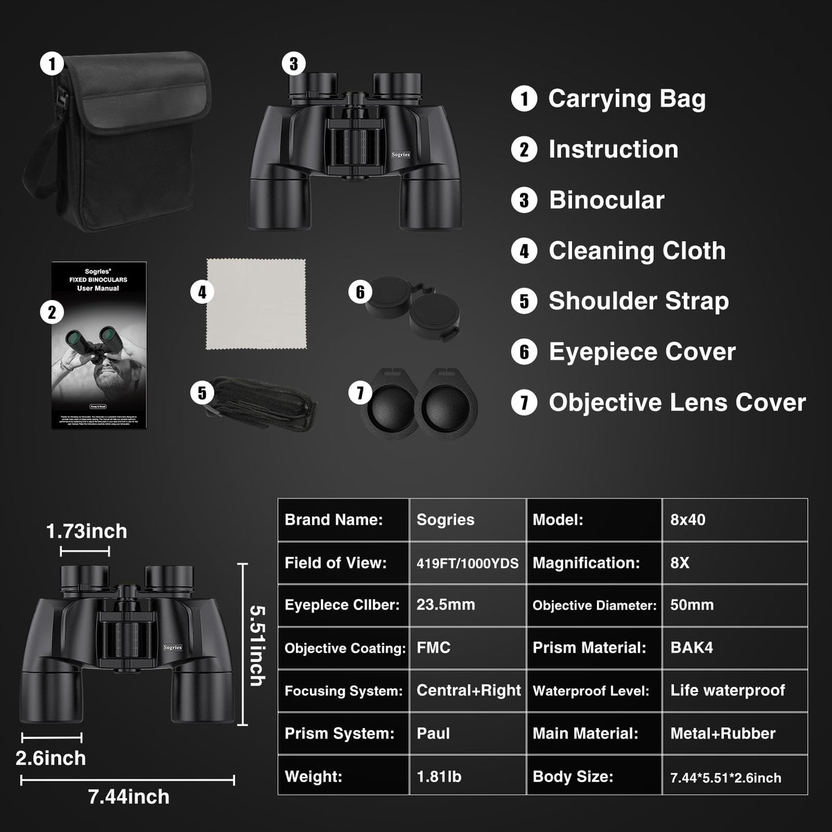 Sogries travel binoculars with cleaning cloth and case ready to go.