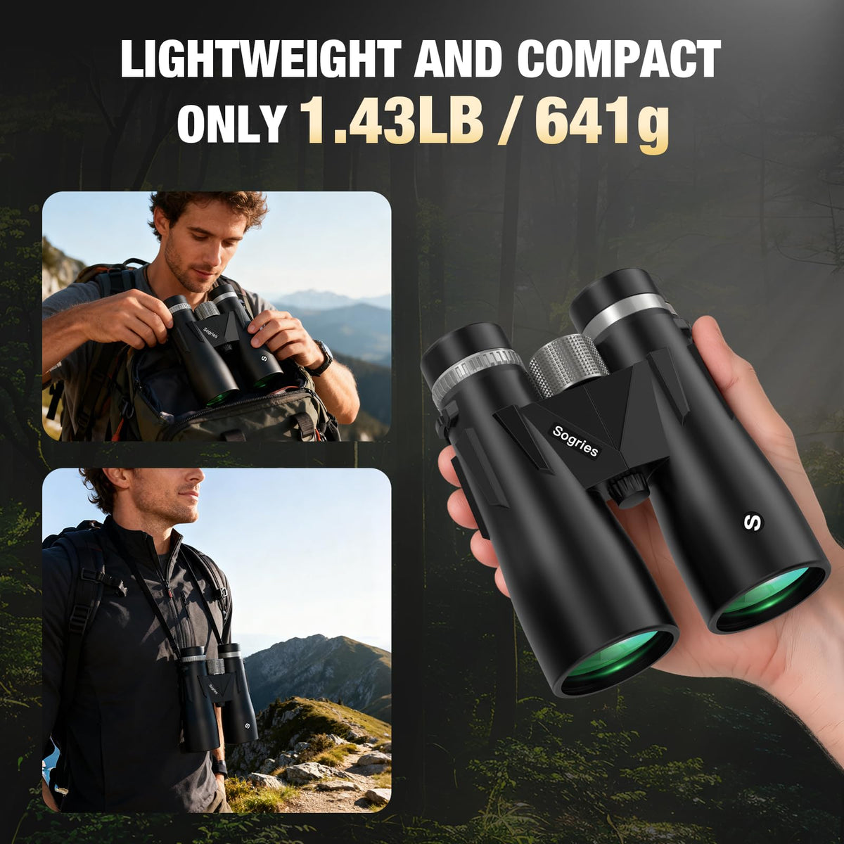 Sogries with included accessories like strap and lens covers for travel convenience