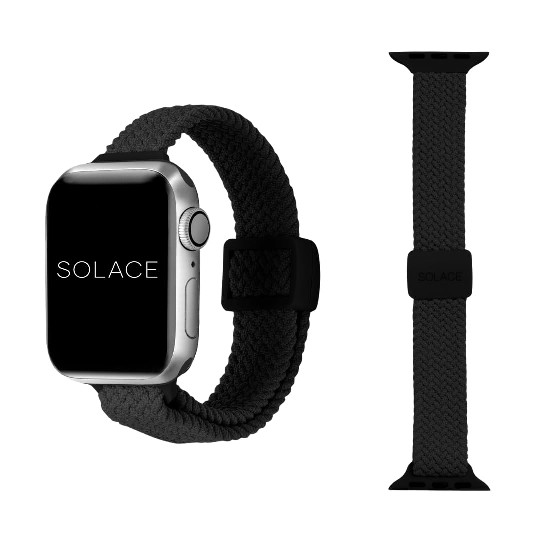 Solace Bands front view of black band showing slim fit and compatibility benefit
