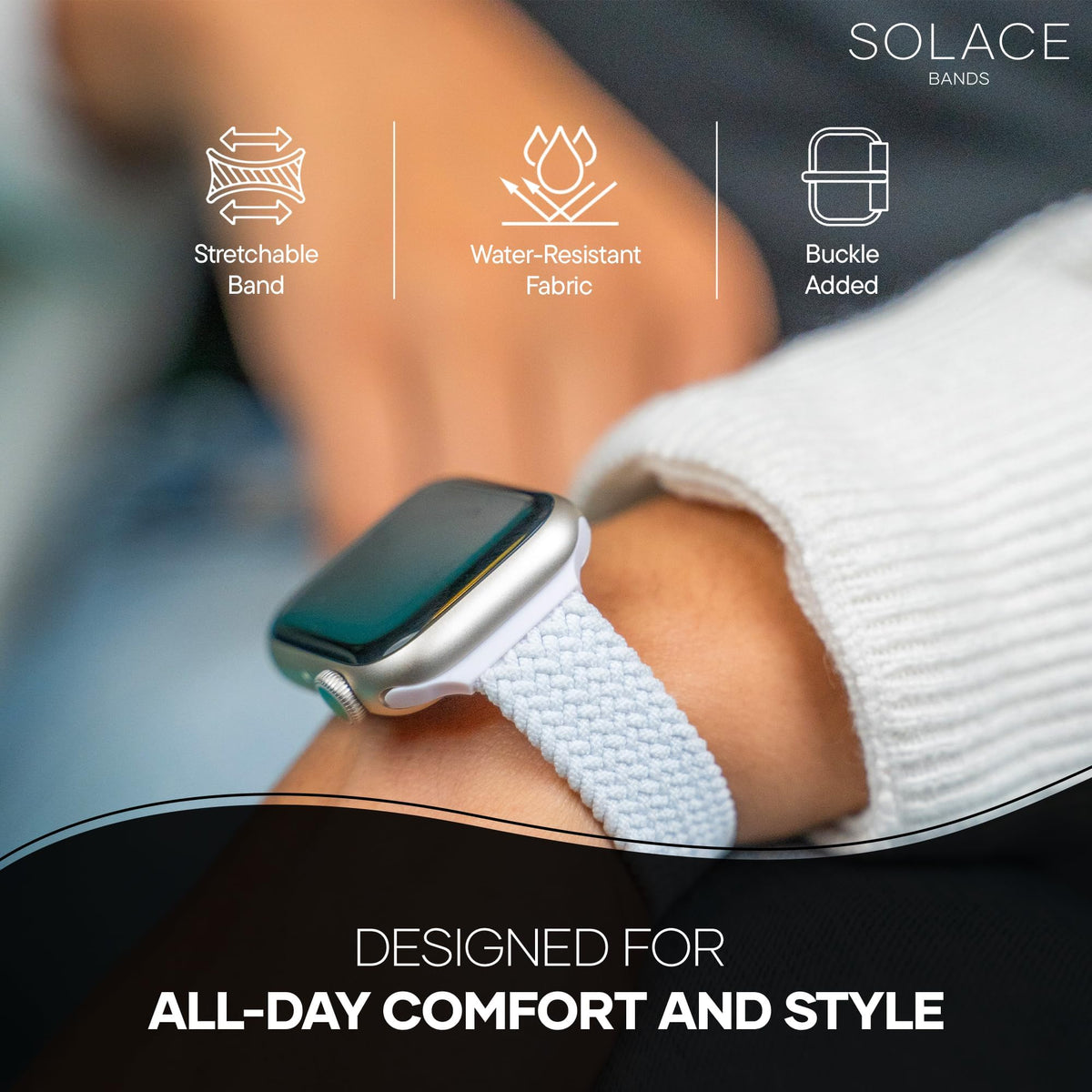 Solace Bands lifestyle outdoor shot, durable band suited for travel