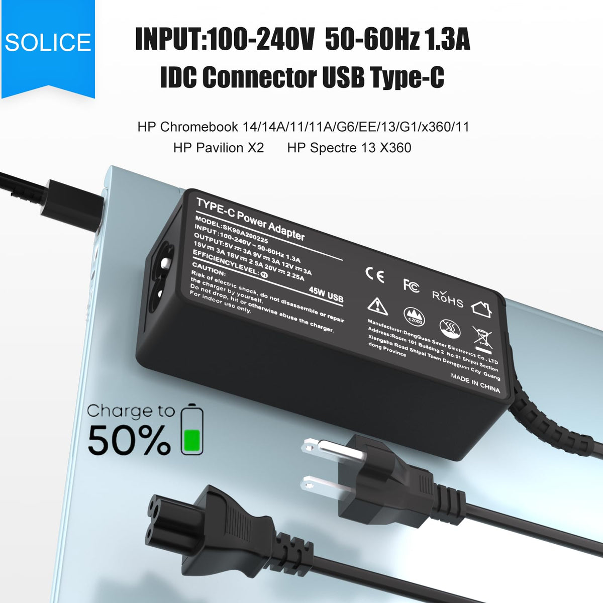SOLICE 45W USB-C charger compatible with HP Chromebook 14-ca051wm, compact and efficient.