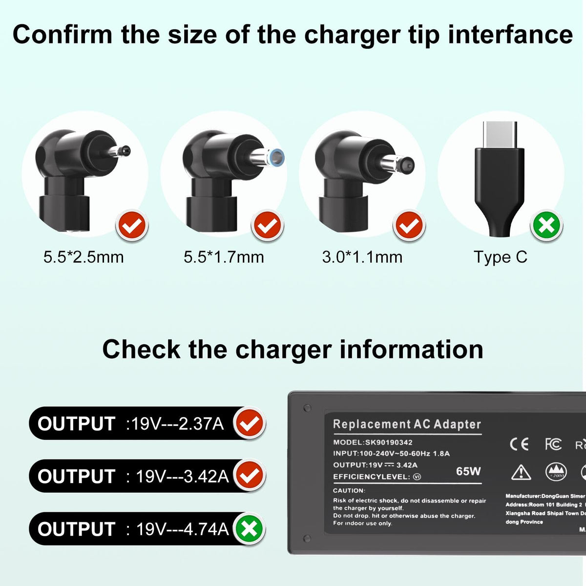 SOLICE 65W charger compatibility highlight with Aspire and Spin series laptops