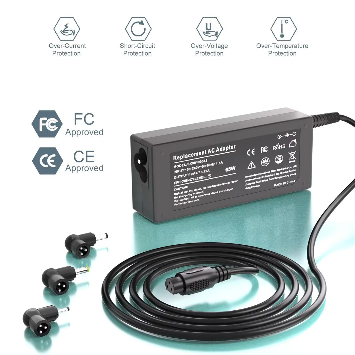 SOLICE 65W Acer charger tip sizes close-up showing versatile connections