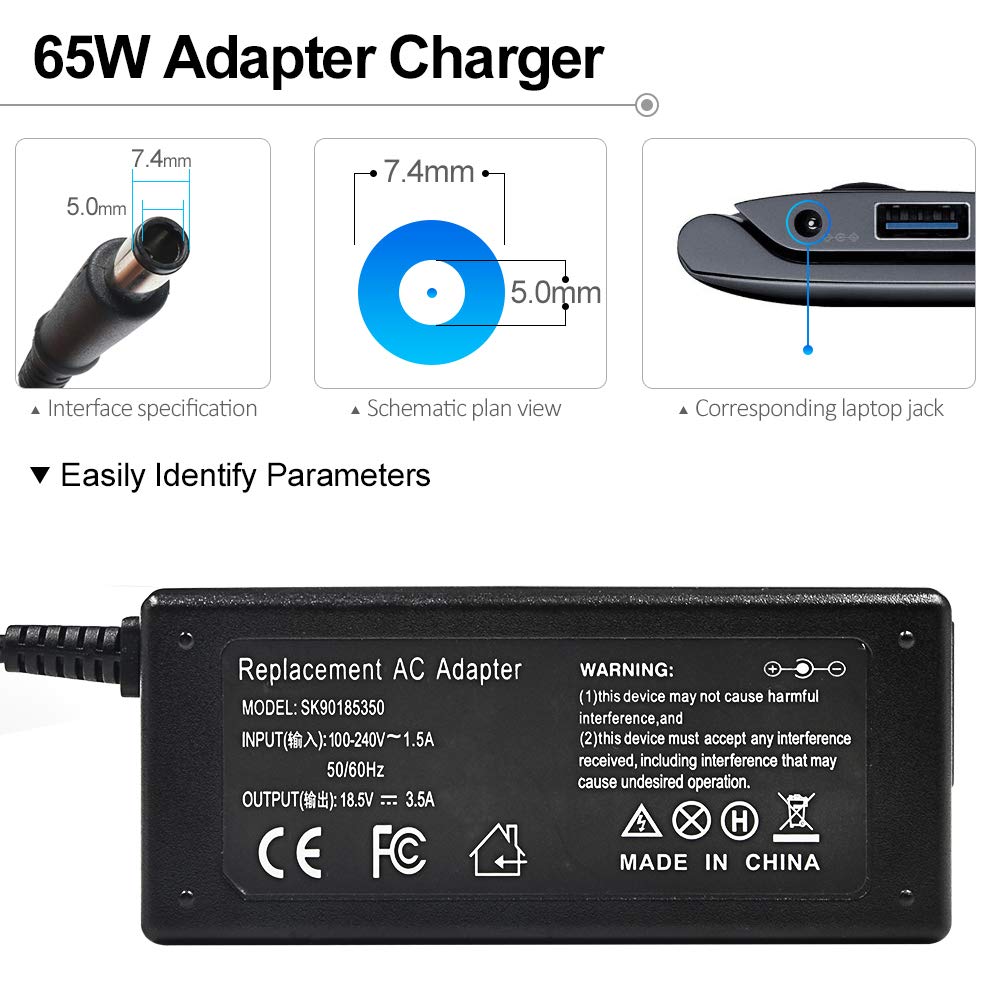 SOLICE 65W charger with 7.4mm x 5.0mm connector for HP laptops