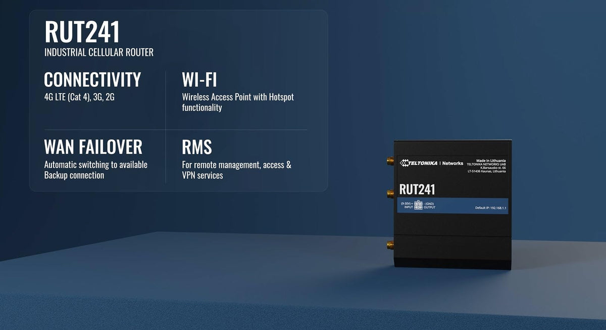 Solid Signal RUT241 side ports highlight dual Ethernet and WAN for flexible networking in field installations