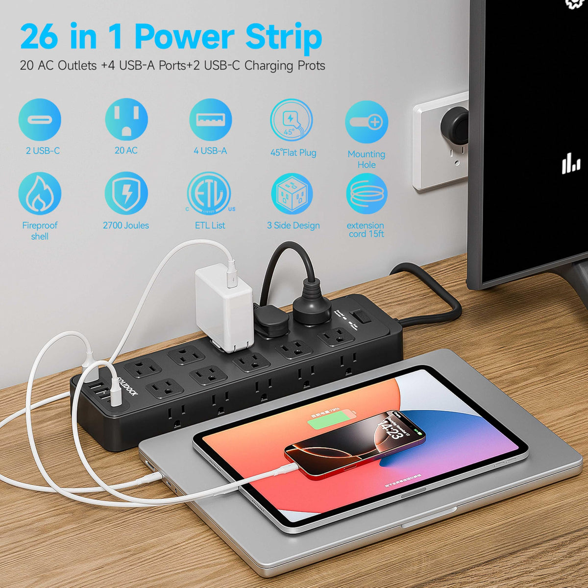 Solidock flat plug with 15ft heavy-duty cord, keeping furniture flush to wall