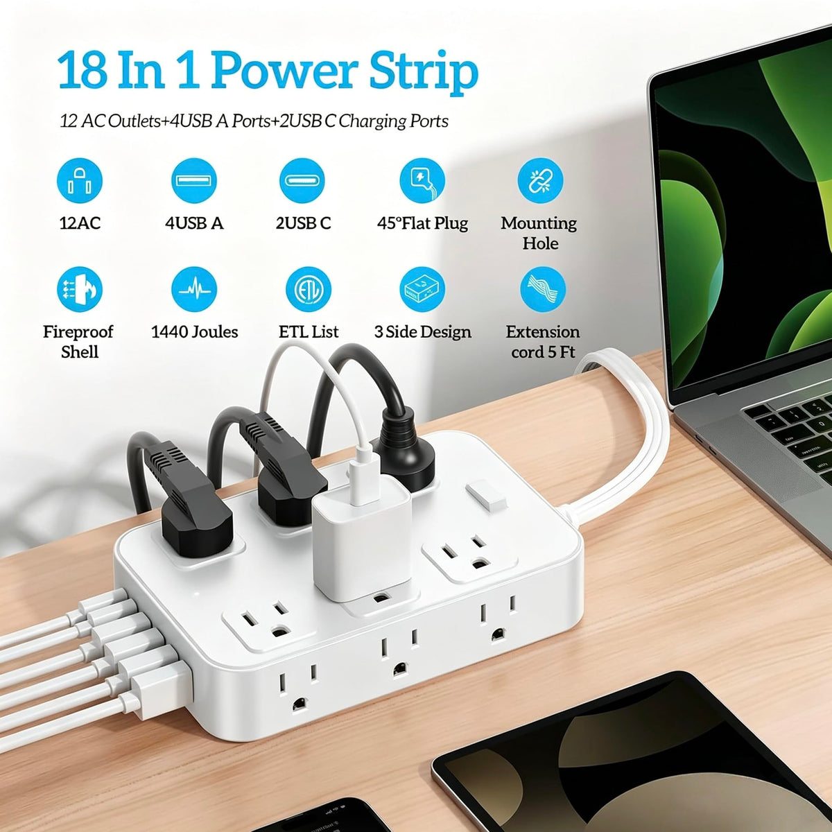 Solidock flat plug close-up angled to slip behind furniture for space saving