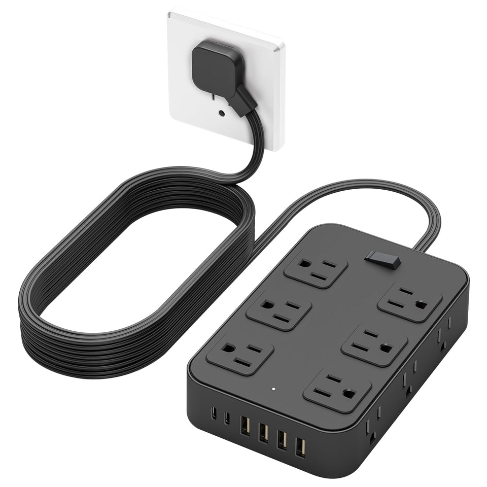 Solidock flat-plug power strip with twelve outlets keeps devices charged and organized.