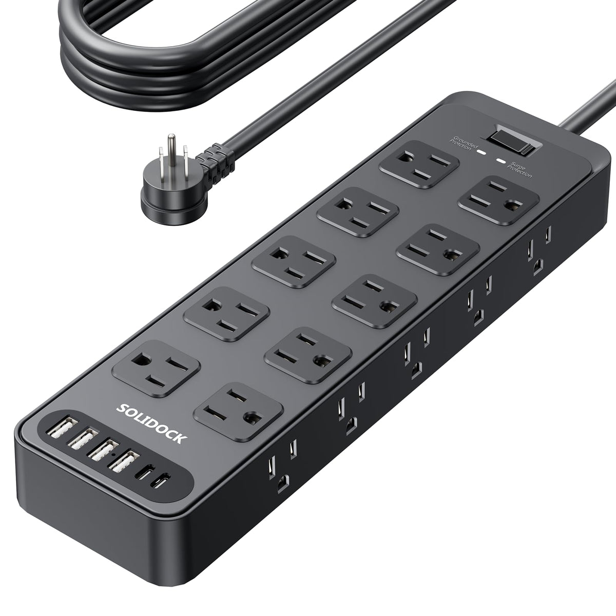 Solidock front view showing 20 AC outlets and six USB ports, organized for convenience