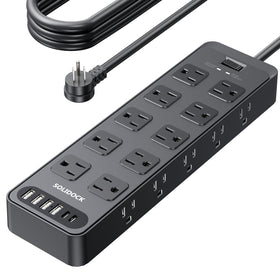 Solidock front view showing 20 AC outlets and six USB ports, organized for convenience