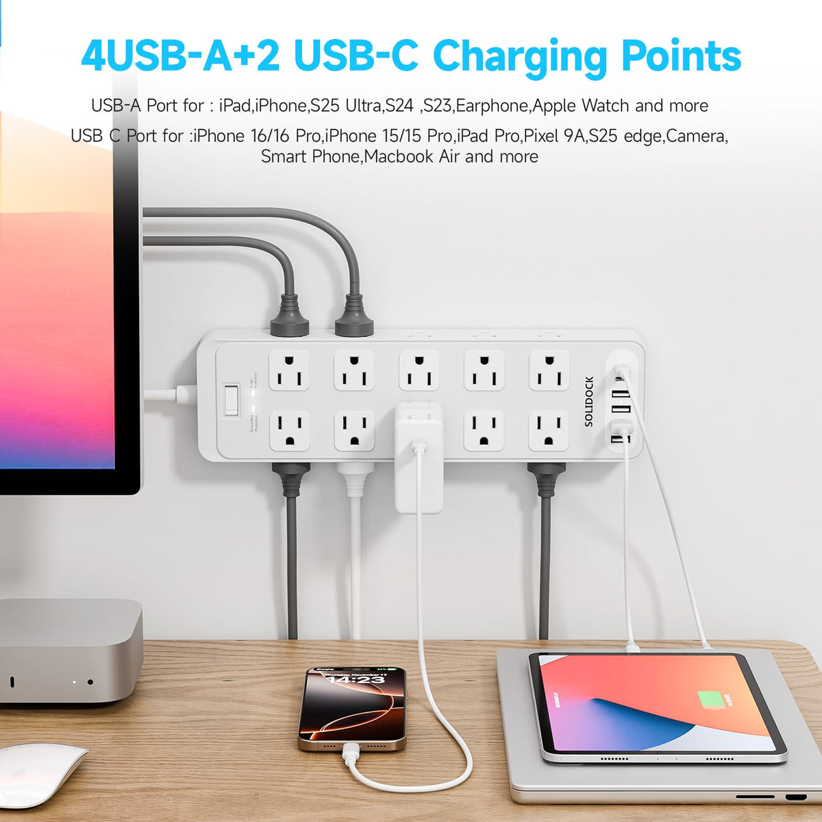 Solidock close-up of four USB-A and two USB-C ports for faster charging
