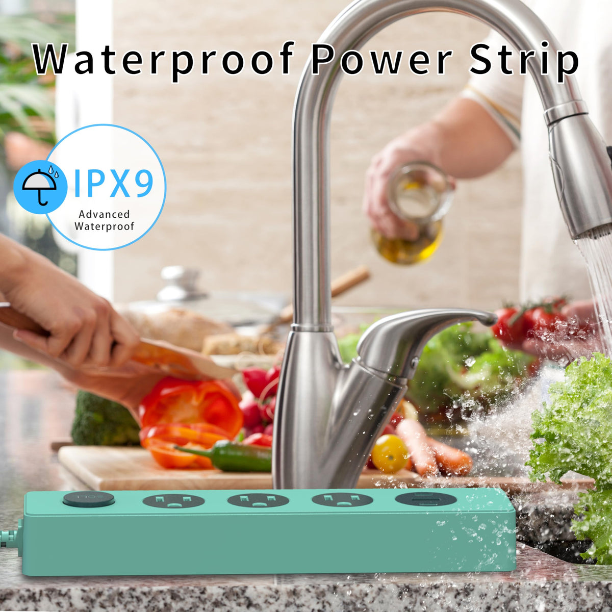 SOLL installed near bathroom sink with splashes, safer humid-area use benefit