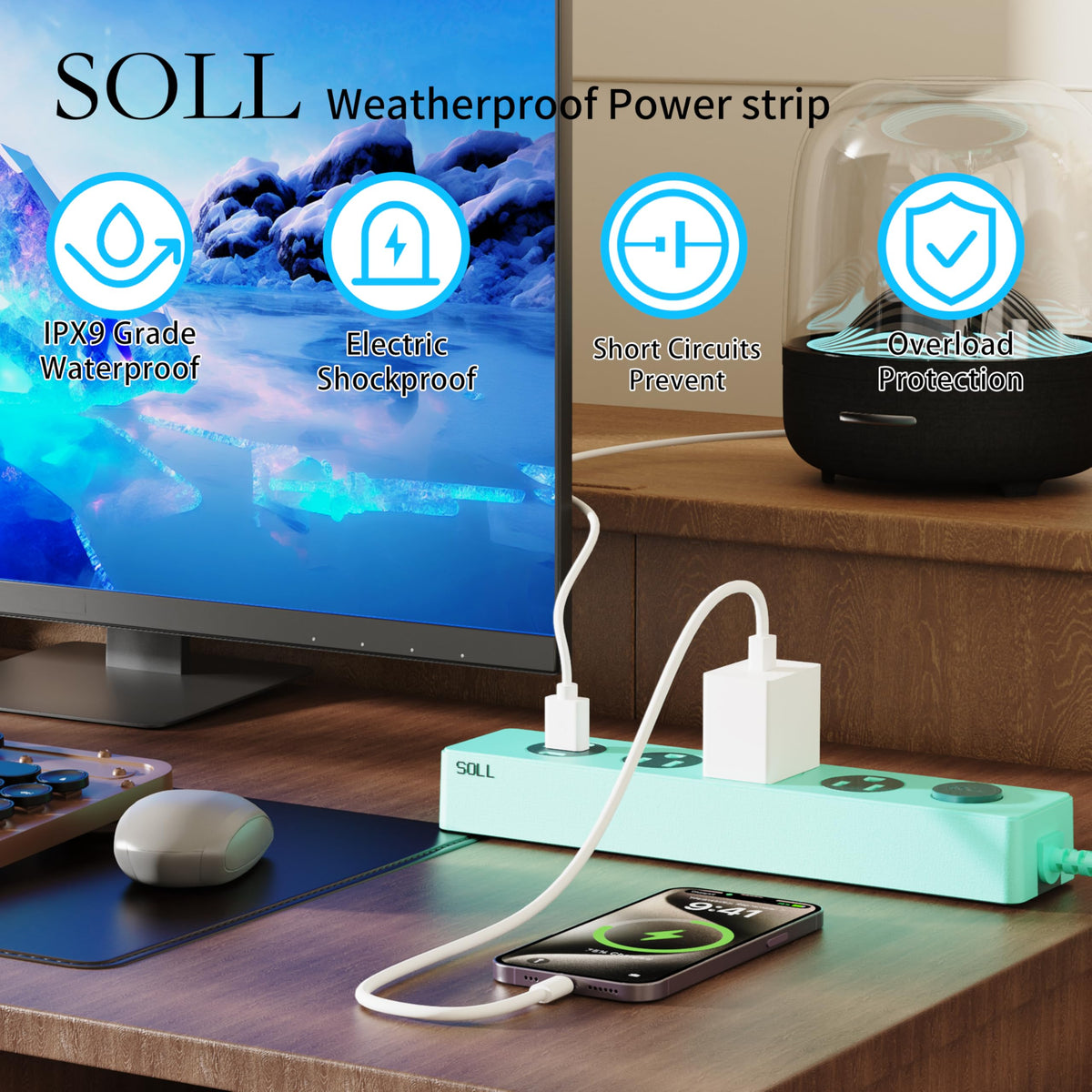 SOLL close-up of USB‑C and AC ports, clear charging layout benefit