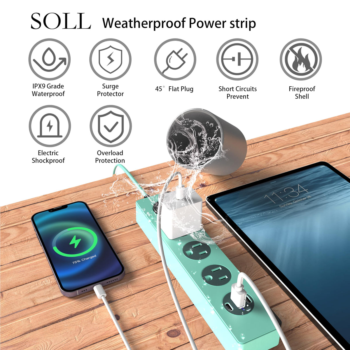 SOLL closeup of USB-A and dual USB-C ports, fast device compatibility