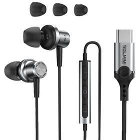 SOLMIMI front packaging showing earphones and USB‑C plug, clear product benefit
