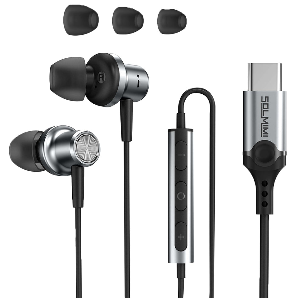 SOLMIMI front packaging showing earphones and USB‑C plug, clear product benefit
