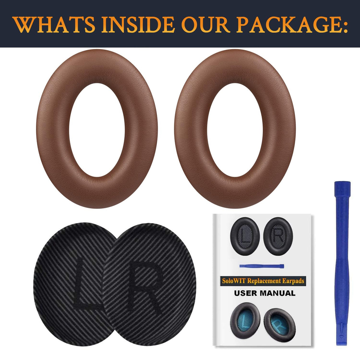 SoloWIT QC35 earpads include scrims and guide for easy setup.