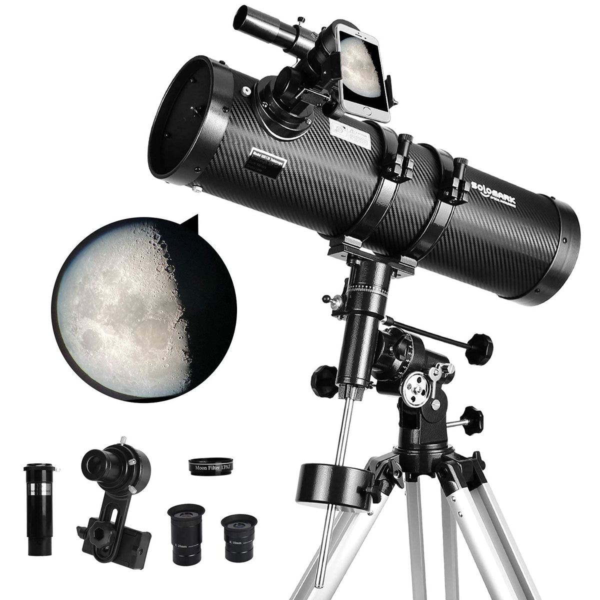Solomark Telescope 130EQ front view, highlighting a durable carbon-fiber finish for reliable stargazing.