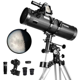 Solomark Telescope 130EQ front view, highlighting a durable carbon-fiber finish for reliable stargazing.