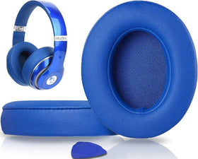 SoloWIT Beats Studio ear pads blue closeup highlighting memory foam comfort.