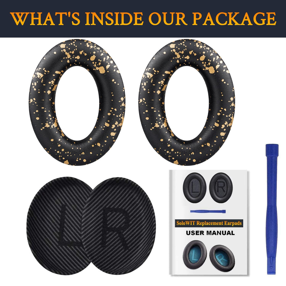 SoloWIT Bose QC35 earpads include scrims and guide for easy setup.