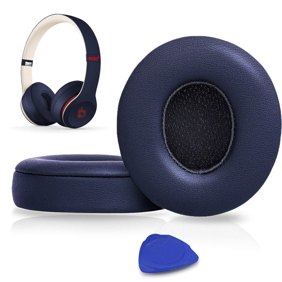 Solowit navy memory foam earpads close-up showing plush comfort and personalized fit.