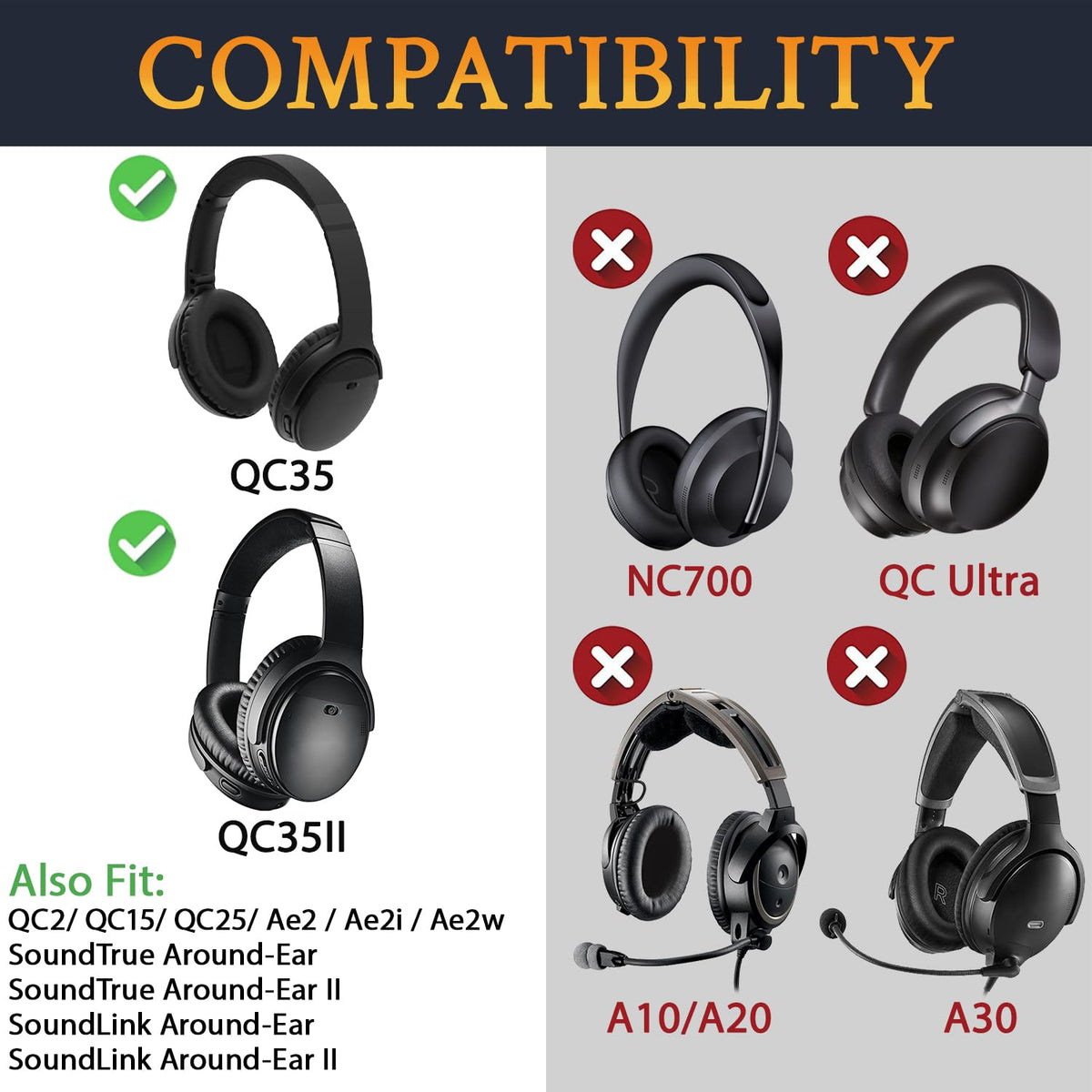 SoloWIT QC35 II earpads with high-density foam for snug fit.