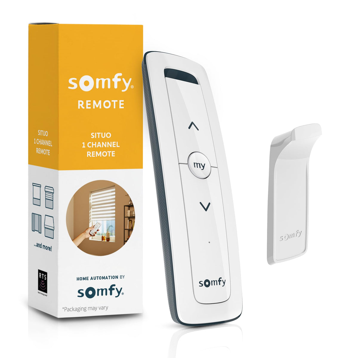 Somfy Situo 1 Pure remote front view, elegant white design for easy shade control.
