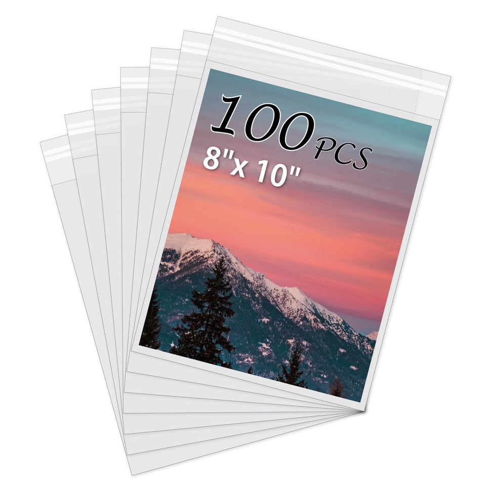 Somime acid-free sleeves in a 100-pack for 8x10 prints with crystal clarity.