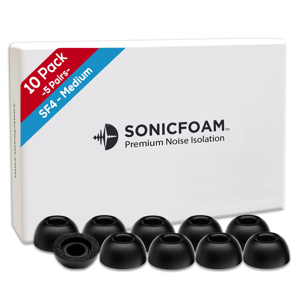 SONICFOAM SF4 Medium Black earbud tip close-up showing memory foam expansion benefits.