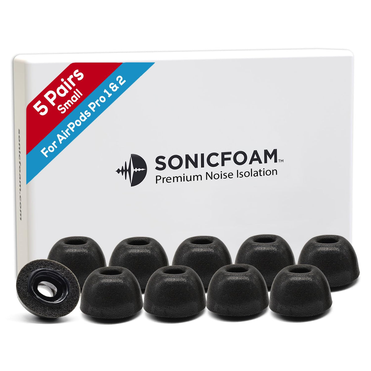 SONICFOAM SFAir-1-2 Pro small black packshot showing snug AirPods Pro tips ready to use