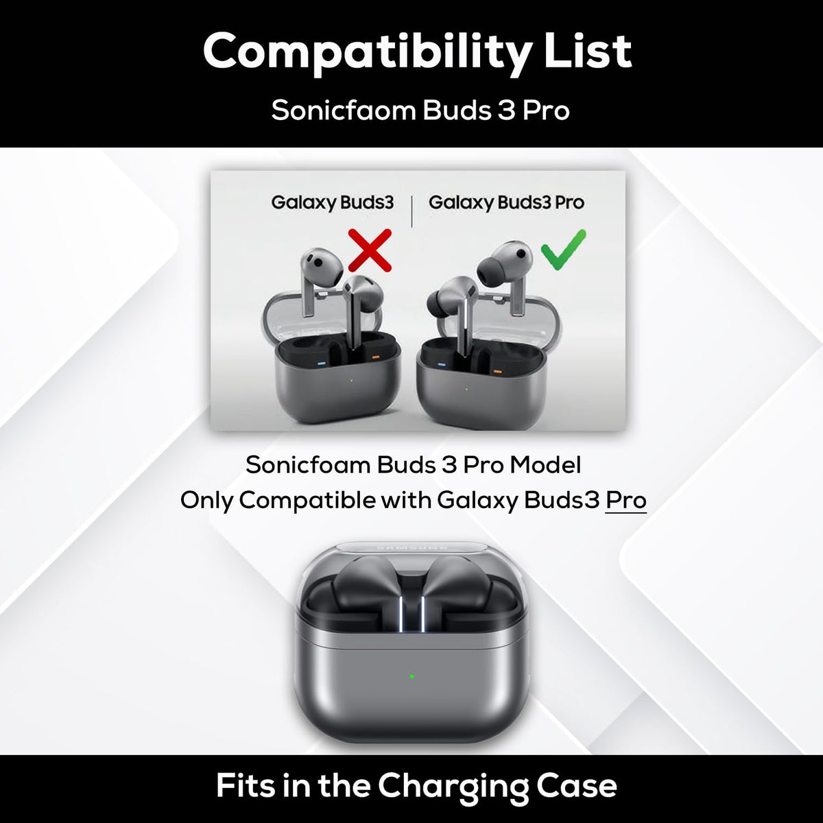SONICFOAM three tips size comparison S M L displayed to choose correct earbud fit