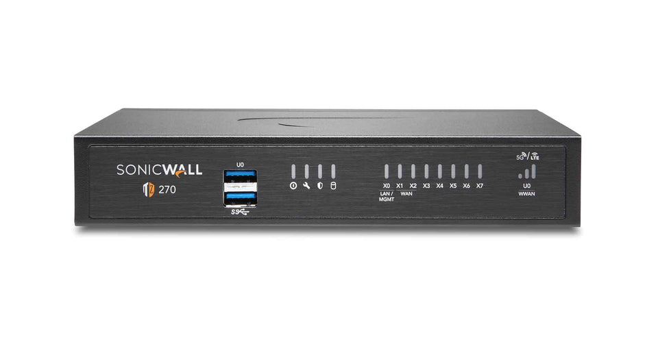 SonicWall TZ270 front view shows a compact SMB firewall for desks.