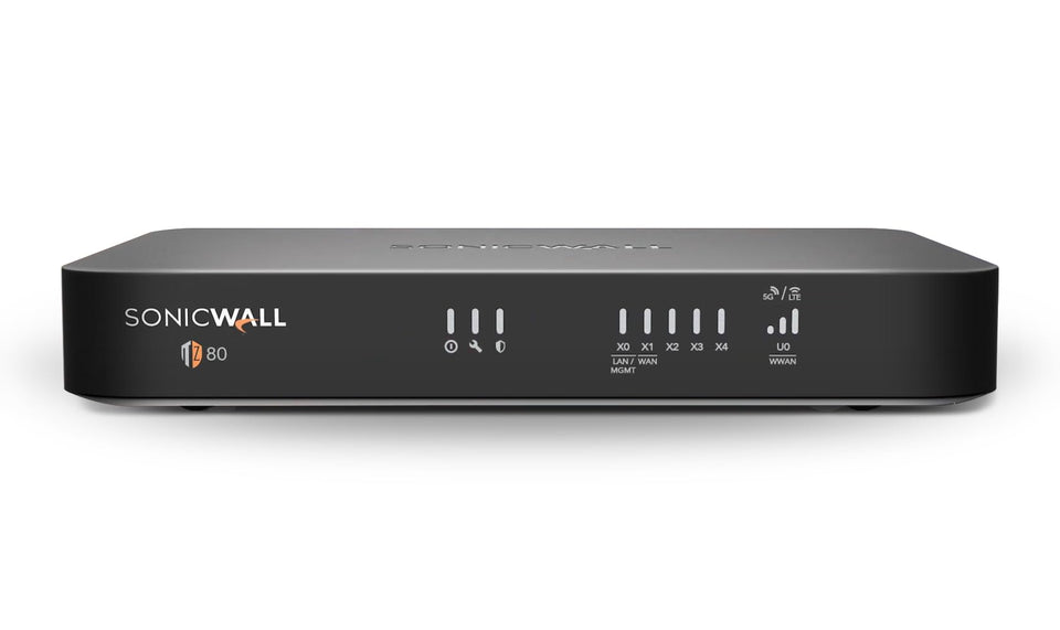 SonicWall TZ80 front view, compact desktop unit for small offices.
