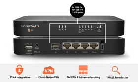 SonicWall TZ80 rear ports with Ethernet and SFP for flexible networks.