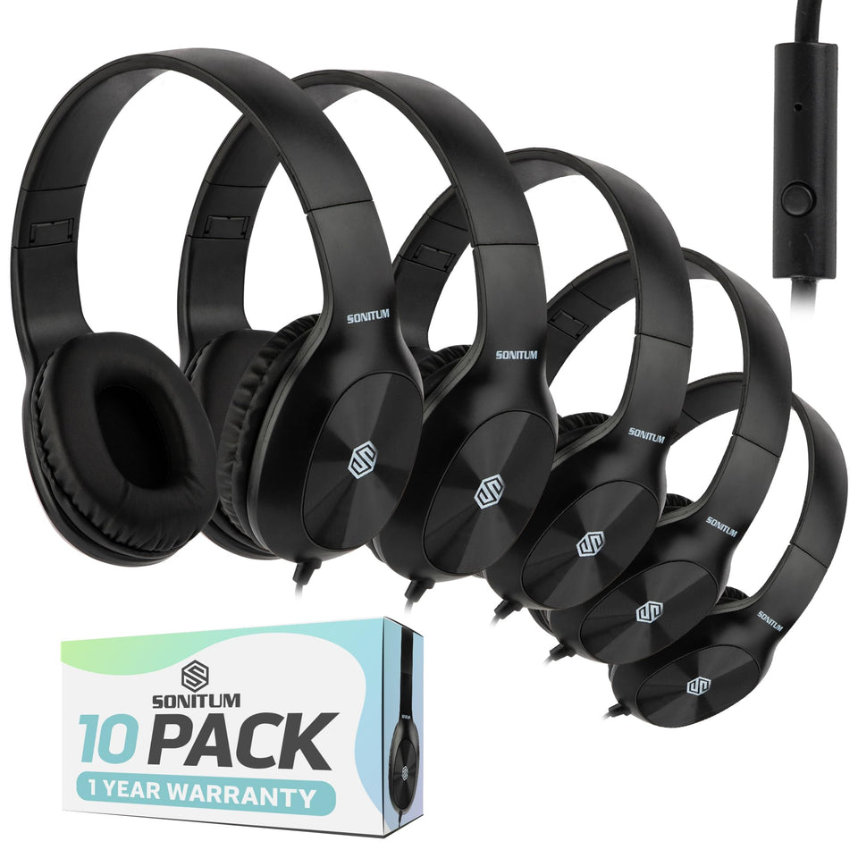 Sonitum classroom headphones bulk 10-pack front view for durable classroom audio.