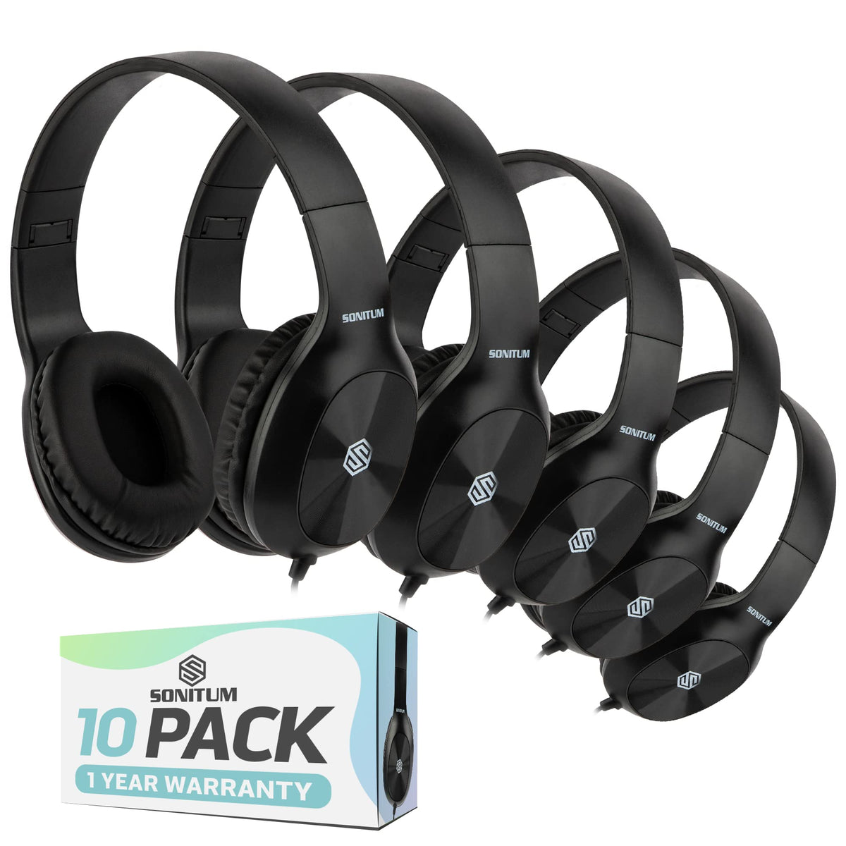 Sonitum classroom headphones bulk pack in black for classroom listening and privacy.
