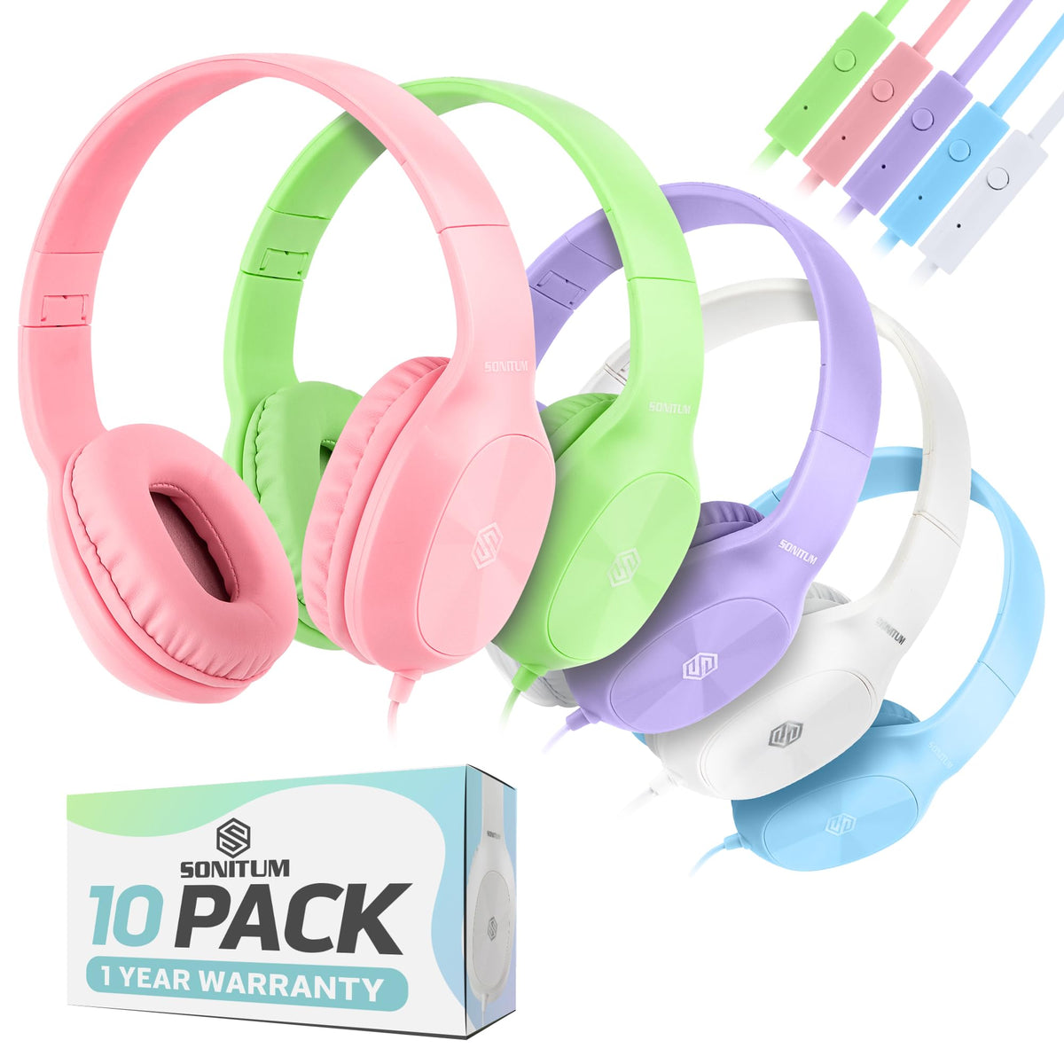 Sonitum classroom headphones bulk 10-pack with durable on-ear design for daily learning.