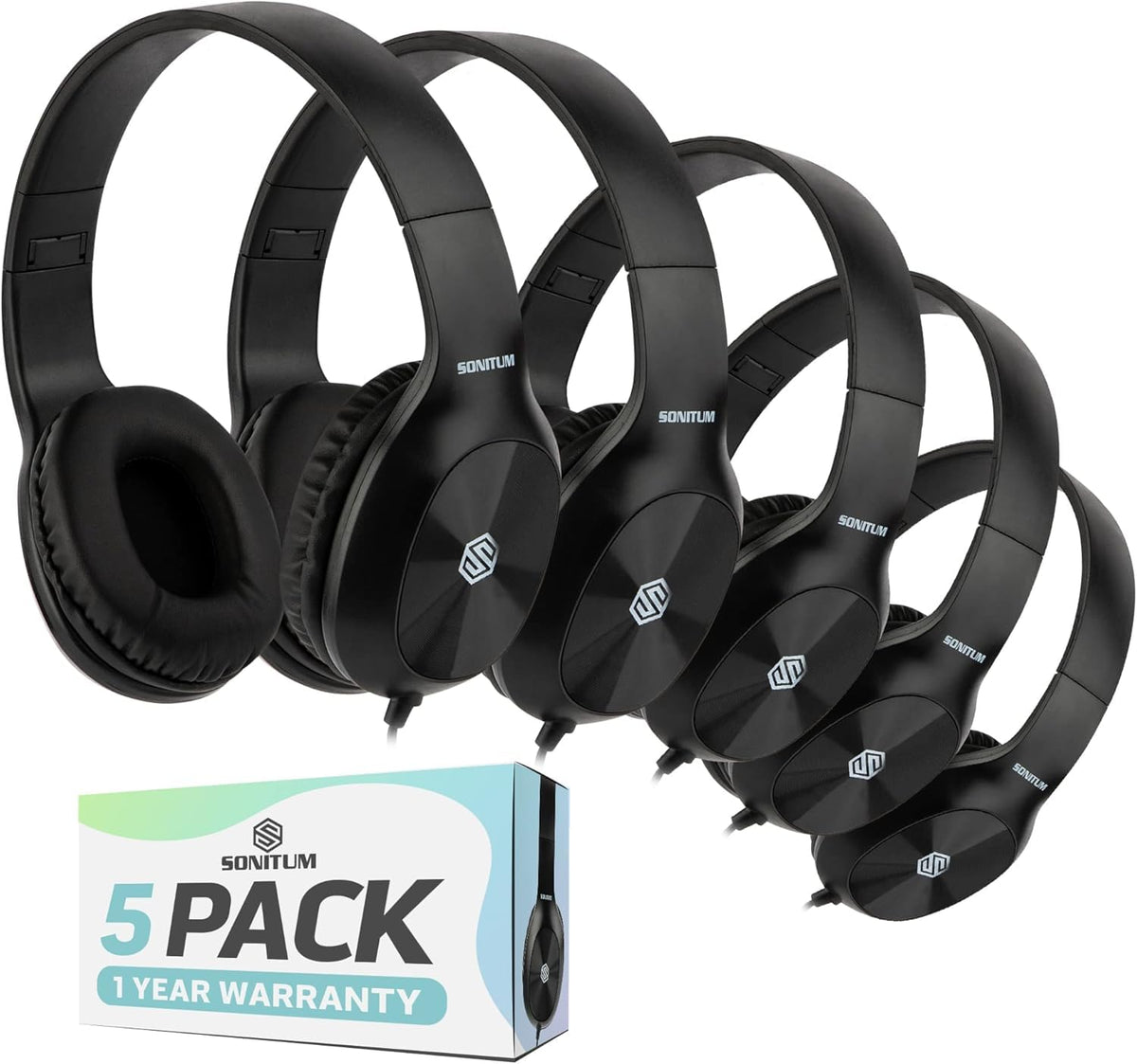 Sonitum front view of five-pack headphones showing durable bulk packaging and quick setup benefit