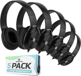 Sonitum front view of five-pack headphones showing durable bulk packaging and quick setup benefit