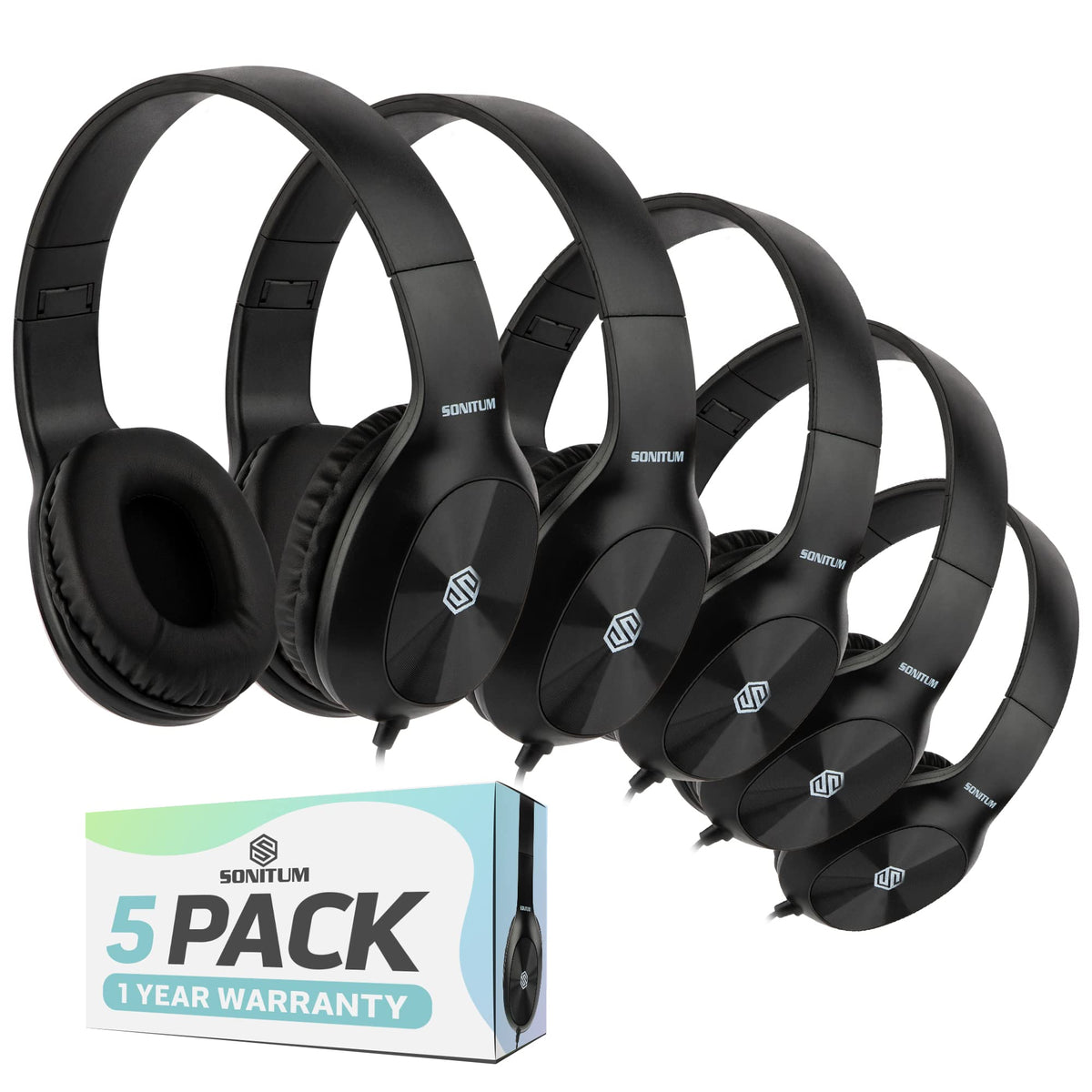 Sonitum front view of five-pack headphones showing durable construction and uniform styling