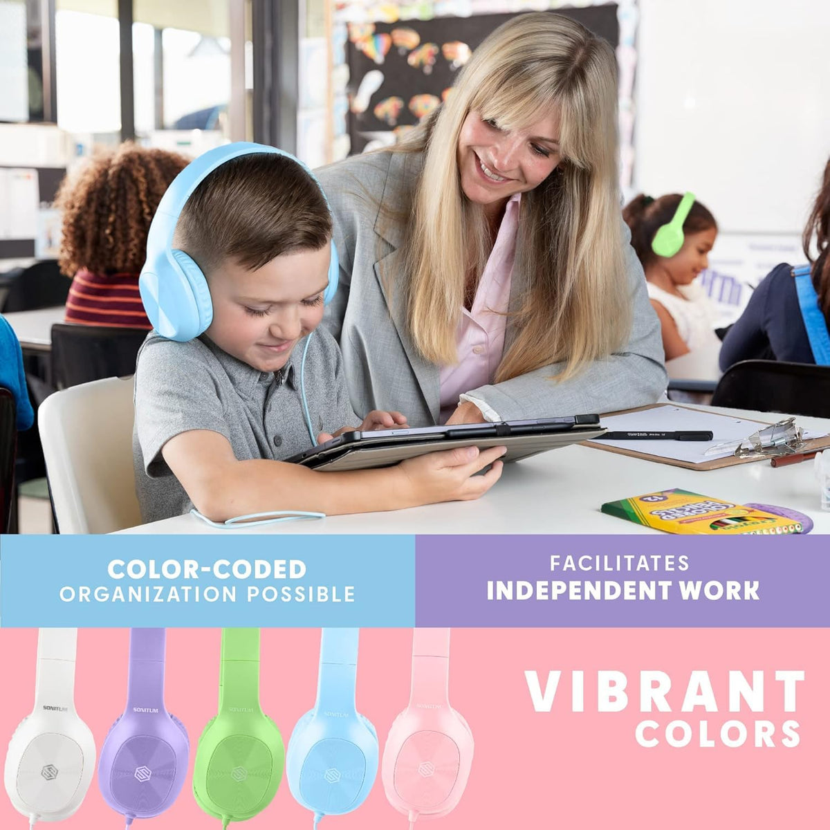 Sonitum classroom headphones nesting design for easy storage between lessons.