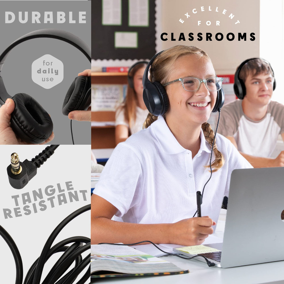 Sonitum headphones in use by student demonstrating classroom-ready durability