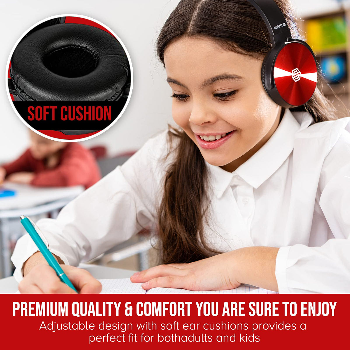 Sonitum soft ear cushions – comfortable fit for extended class sessions.