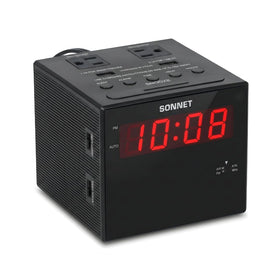 Sonnet alarm clock charging station showing USB ports and outlets for bedside charging