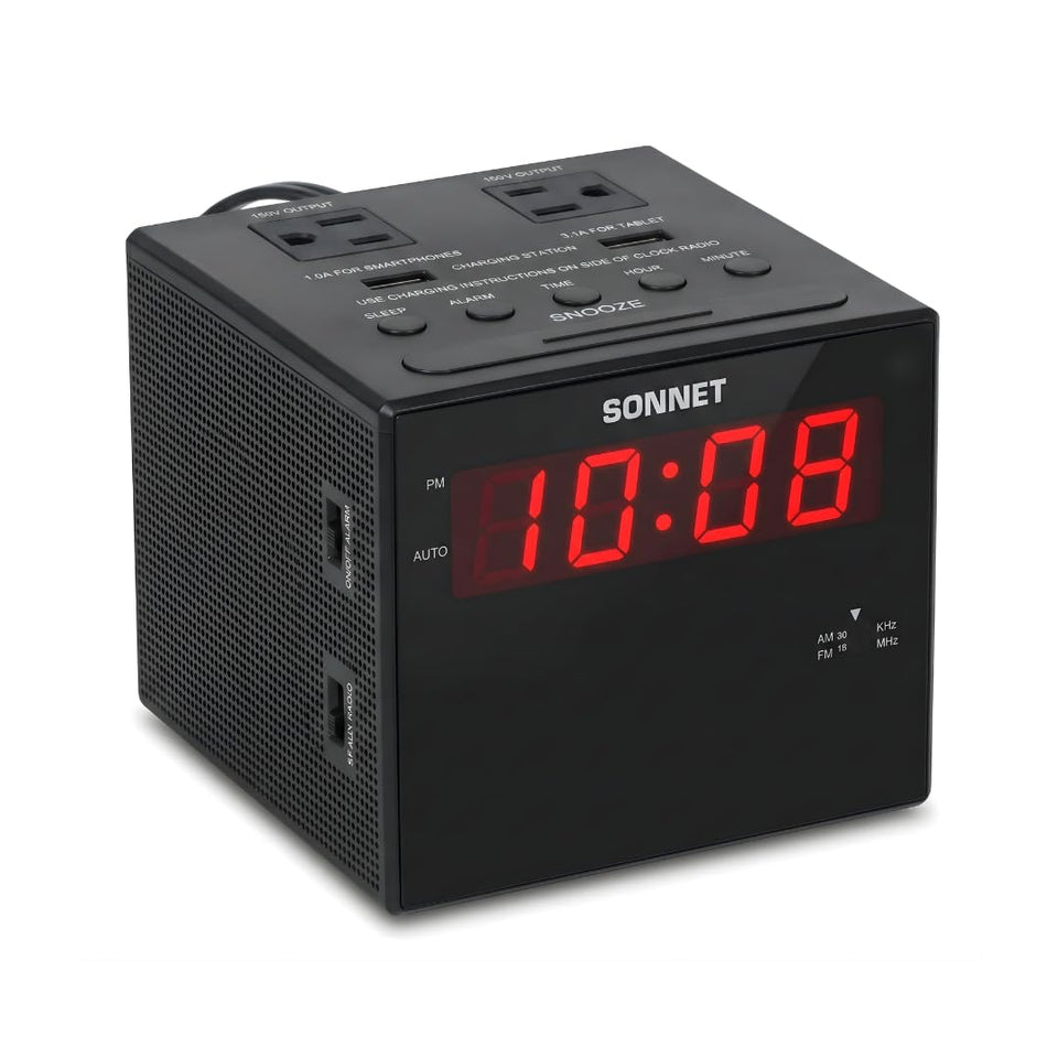 Sonnet alarm clock charging station showing USB ports and outlets for bedside charging
