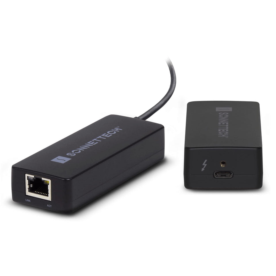 Sonnet Thunderbolt AVB adapter, front view, compact Mac accessory for desktop setups.